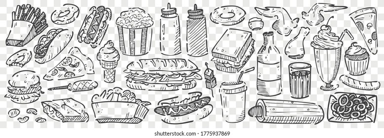 Hand drawn junk food doodle set. Collection of pencil chalk drawing sketches of pop corn sandwitch hot dog french fries hamburger and pizza on transparent background. Unhealthy nutrition fast food.