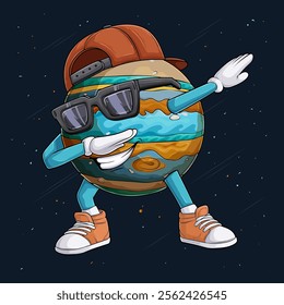 Hand drawn Jupiter planet character wearing brown cap, sunglasses doing dab dance, dabbing Jupiter  