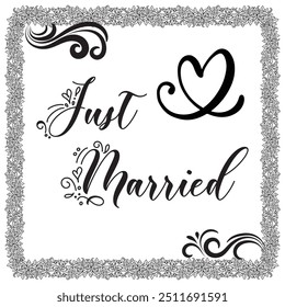 Hand drawn Just married lettering text with hearts on white background with turquoise stains, vector illustration. Just married for invitation and postcards. Wedding phrase. Just married calligraphy.