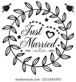 Hand drawn Just married lettering text with hearts on white background with turquoise stains, vector illustration. Just married for invitation and postcards. Wedding phrase. Just married calligraphy.