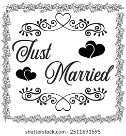 Hand drawn Just married lettering text with hearts on white background with turquoise stains, vector illustration. Just married for invitation and postcards. Wedding phrase. Just married calligraphy.