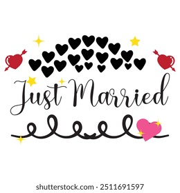 Hand drawn Just married lettering text with hearts on white background with turquoise stains, vector illustration. Just married for invitation and postcards. Wedding phrase. Just married calligraphy.