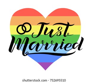 Hand drawn Just Married lettering with wedding rings on rainbow background. Gay rights concept. Vector hand lettering, homosexuality emblem. Banner, poster, placard, invitation card typographic design