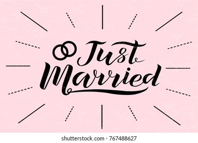 Hand drawn Just married lettering text on light pink background, vector illustration. Just married for logo, wedding, invitation, guest card and postcards. Wedding phrase. Just married calligraphy.