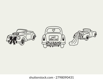 Hand Drawn Just Married Wedding Car Illustration – Whimsical Wedding Getaway Vehicle with Romantic Decorations, Floral Accents