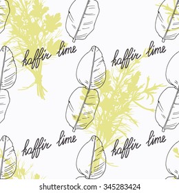 Hand drawn kaffir lime branch and handwritten sign. Spicy herbs seamless pattern with hand lettering seasoning title. Doodle kitchen background. Vector illustration