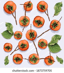 Ilustración del vector de fruto de kaki dibujado a mano. Fruta Kaki con hojas y ramas verdes.
