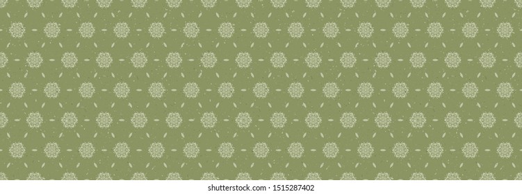 Hand drawn kaleidoscope wagara damask seamless border pattern. Modern japanese motif, hand drawn in sofgrass green ecru neutral tones. Ribbon trim edging for  craft stationery.
