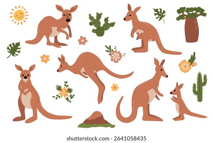 Hand Drawn Kangaroo Illustration with Floral Elements