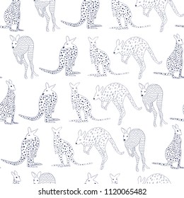 hand drawn kangaroo outline in single color navy seamless pattern on white background
