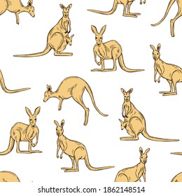 Hand drawn  kangaroo. Vector seamless pattern.