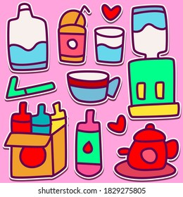 hand drawn kawai doodle cartoon drnk designs for wallpaper, stickers, coloring books, pins, emblems, logos and more