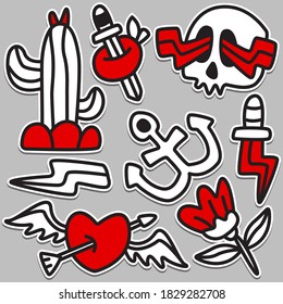 hand drawn kawai doodle cartoon tattoo designs for wallpaper, stickers, coloring books, pins, emblems, logos and more