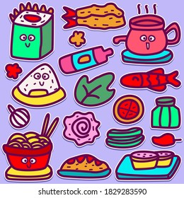 hand drawn kawai doodle cartoon food designs for wallpaper, stickers, coloring books, pins, emblems, logos and more
