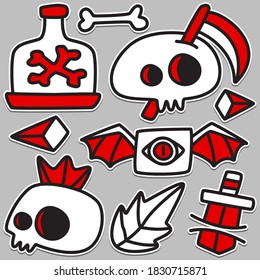 hand drawn kawai doodle cartoon skull designs for wallpaper, stickers, coloring books, pins, emblems, logos and more