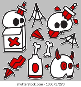hand drawn kawai doodle cartoon skull designs for wallpaper, stickers, coloring books, pins, emblems, logos and more