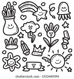 hand drawn kawai doodle cartoon designs for wallpaper, stickers, coloring books, pins, emblems, logos and more