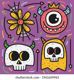hand drawn kawai doodle cartoon monster designs for wallpaper, stickers, coloring books, pins, emblems, logos and more
