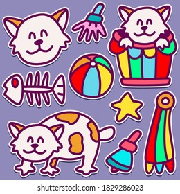 hand drawn kawai doodle cat cartoon designs for wallpaper, stickers, coloring books, pins, emblems, logos and more