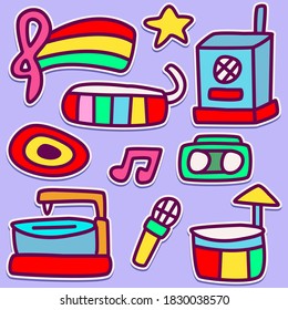 hand drawn kawai doodle music stickers designs for wallpaper, stickers, coloring books, pins, emblems, logos and more