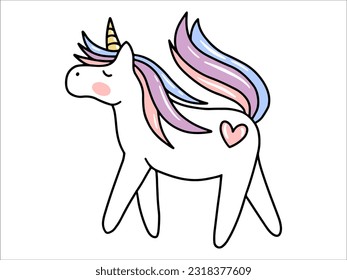 Hand drawn Kawai Unicorn Cartoon illustration