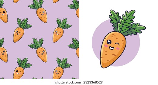 Hand drawn kawaii Carrot in doodle style for designing baby clothes. Postcard with Carrot and seamless pattern. Cartoon Bohemian nursery print. Kids design texture for pajamas. Vector illustration.