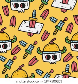 Hand drawn kawaii cartoon doodle skull pattern design