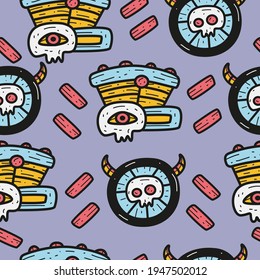 Hand drawn kawaii cartoon doodle skull pattern design