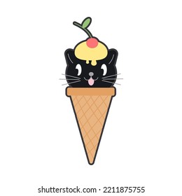 Hand drawn kawaii cat ice cream. ice cream ball in the form of round kittens in the waffle cone. Anime characters. Funny idea for your design. Balls look like cats EPS