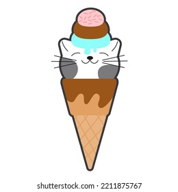 Hand drawn kawaii cat ice cream. ice cream ball in the form of round kittens in the waffle cone. Anime characters. Funny idea for your design. Balls look like cats EPS