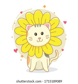 Hand drawn kawaii cat with sunflower. Child illustration