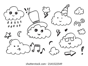 hand drawn kawaii  clouds doodle cartoon designs for wallpaper, stickers, coloring books, pins, emblems Isolated on white background. Vector illustrations.