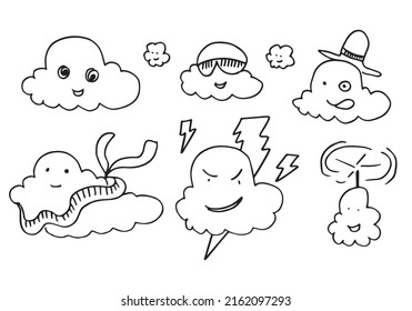 hand drawn kawaii  clouds doodle cartoon designs for wallpaper, stickers, coloring books, pins, emblems Isolated on white background. Vector illustrations.