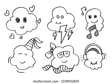 hand drawn kawaii  clouds doodle cartoon designs for wallpaper, stickers, coloring books, pins, emblems Isolated on white background. Vector illustrations.
