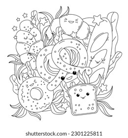 Hand drawn kawaii coloring book Vector illustration.