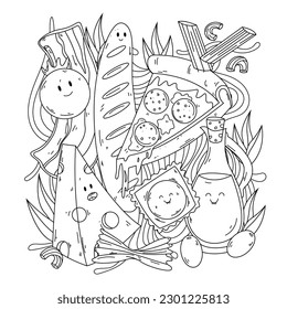 Hand drawn kawaii coloring book Vector illustration.