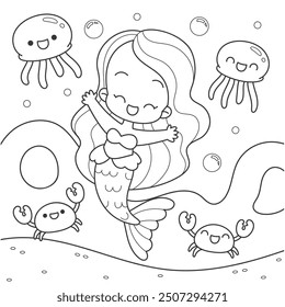 Hand drawn kawaii coloring book illustration