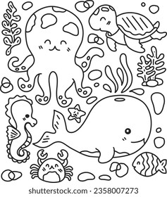 hand drawn kawaii coloring page of seaanimal.