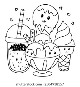 Hand drawn kawaii coloring page illustration with drink and ice cream. Vector coloring book design.