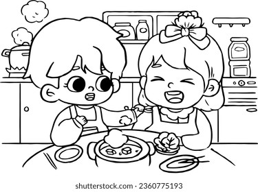 Hand drawn kawaii couple coloring book illustration
