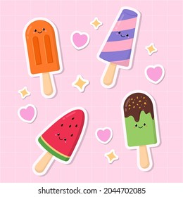 Hand Drawn Of Kawaii Cute Colorful Ice Cream Popsicle Sticker Vector Stock Design