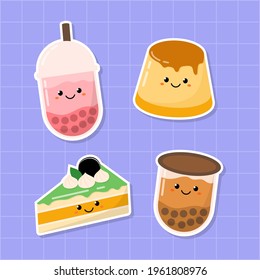 Hand drawn kawaii cute delicious bubble tea pudding and cake sticker set collection vector design