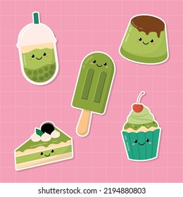 Hand Drawn Kawaii Cute Matcha Food Sticker Set Collection Vector Design