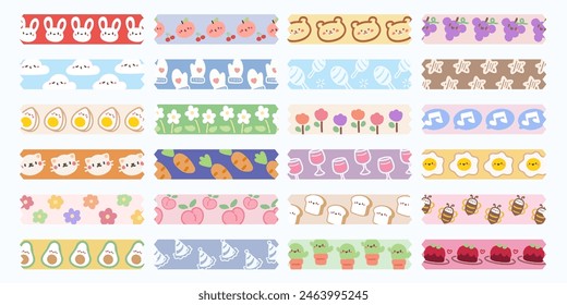 Hand drawn kawaii cute washi tape collection isolated on white background.