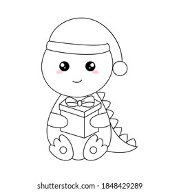 Hand drawn kawaii dinosaur, of black contour isolated on white background. Design element for coloring book. Vector. 