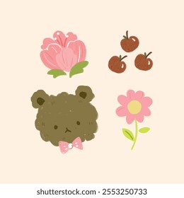 Hand Drawn Kawaii Doodle Bear and Flower Sticker