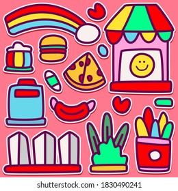 hand drawn kawaii doodle cartoon design for wallpaper, stickers, coloring books, pins, emblems logos and more