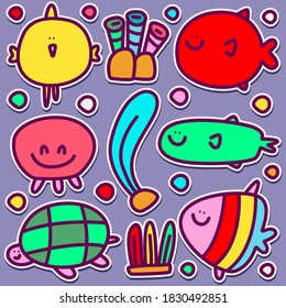 hand drawn kawaii doodle cartoon fish design for wallpaper, stickers, coloring books, pins, emblems logos and more