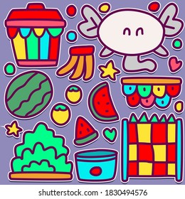 hand drawn kawaii doodle cartoon design for wallpaper, stickers, coloring books, pins, emblems logos and more