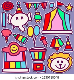 hand drawn kawaii doodle cartoon circus design for wallpaper, stickers, coloring books, pins, emblems logos and more